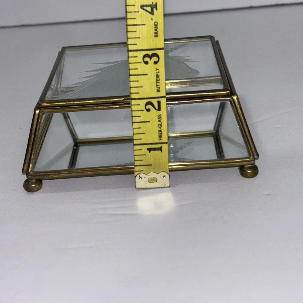 Vtg Brass w/ Etched UNICORN Glass Lid & Mirror Hinged Curio Jewelry Trinket Box
